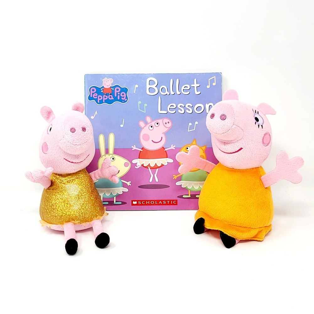 VALUE BUNDLE: Peppa Pig & Mummy Pig Plush Dolls w Ballet Lesson Book 8" 9"